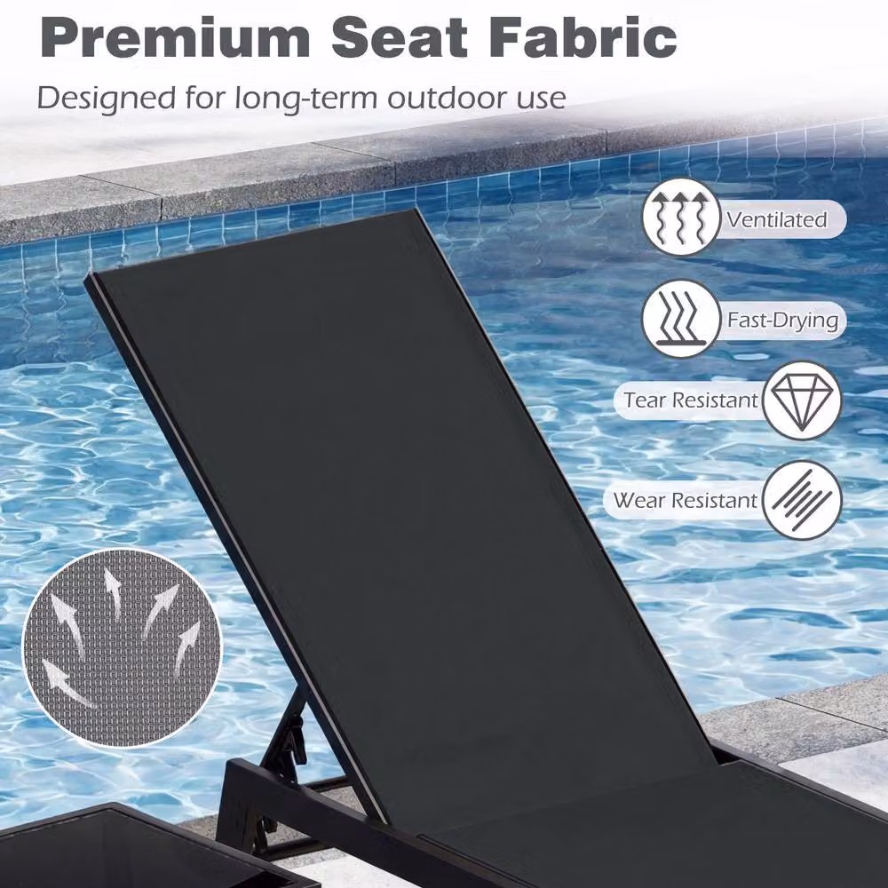 Costway Black Patio Chaise Lounge Set with Side Table and Reclining Textilene Chairs – 4