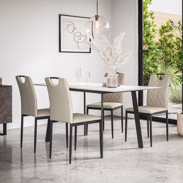 More4Homes Haydon Extending Dining Table and Monza Linen Dining Chair Set, White Marble Effect Table Top with Black Legs and 4 Beige Chairs, W/D/H: 120 x 80 x 76 cm