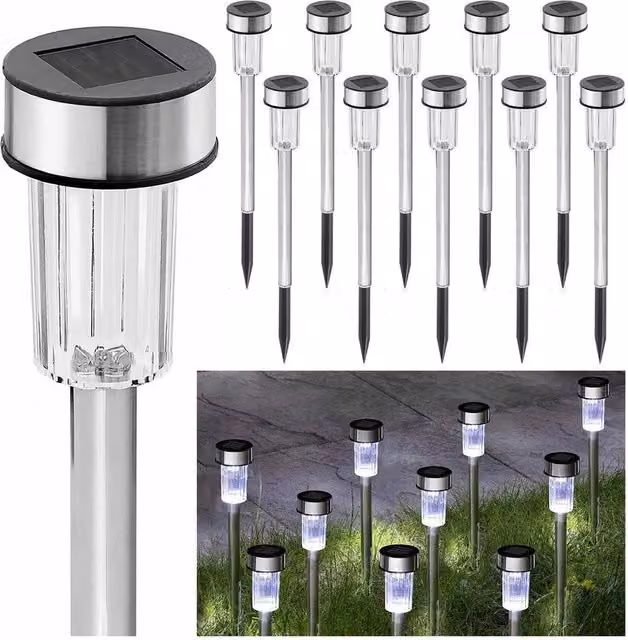 VOGREX 10 Piece Set of Silver Solar Garden Stake Lights with Dusk Sensor