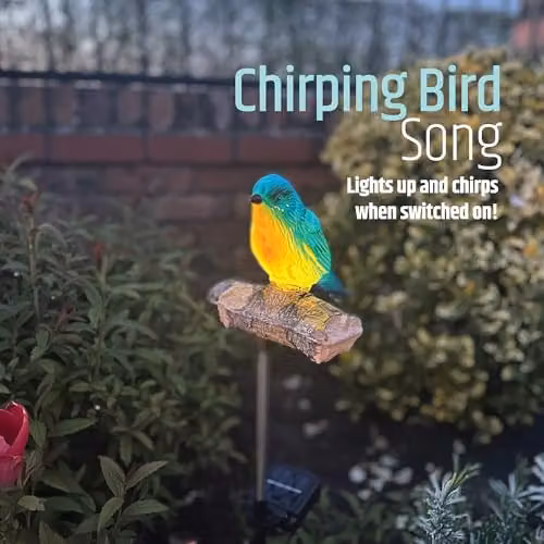 GardenKraft Chirping Bluebird Solar Light with Singing Bird Sounds, Blue and Gold, Warm White LED with Stainless Steel Ground Stake – 2