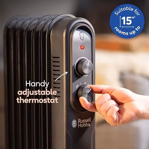 Russell Hobbs 1500W Black Oil Filled Radiator with Thermostat, Overheat and Tilt Protection – 4