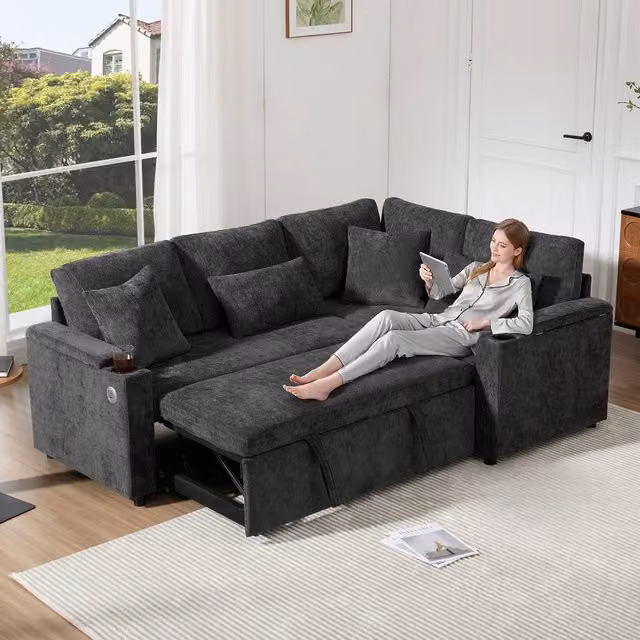 BTM L-Shaped Pull Out Sofa Bed with USB Charging, Cup Holders and Storage in Grey