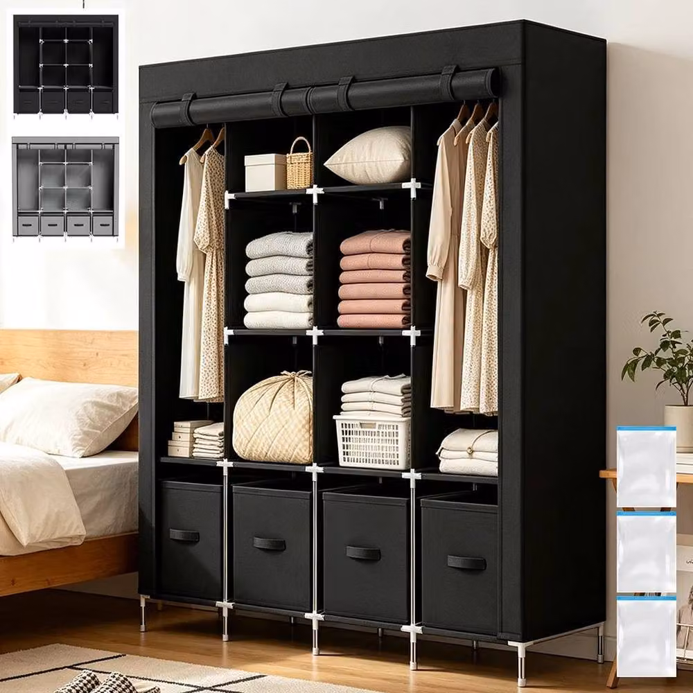 FORGEVIO Modern Black Fabric Canvas Wardrobe with Roll Shutter and Hanging Rod – 2