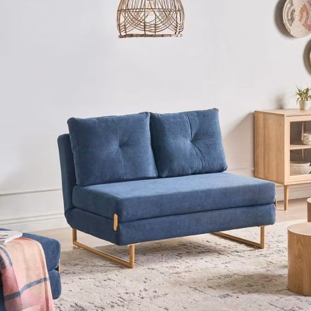 Wyld and Coco 2-Seater Blue Fabric Sofa Bed with Metal Frame and Fold-Flat Sleeping Function – 1
