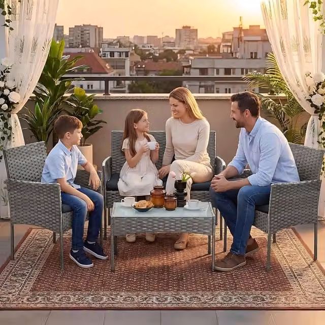 The Bazaarist Modern Grey Polyrattan Outdoor Lounge Set with 2-Seater Sofa, Armchair, Coffee Table and Upholstered Cushions