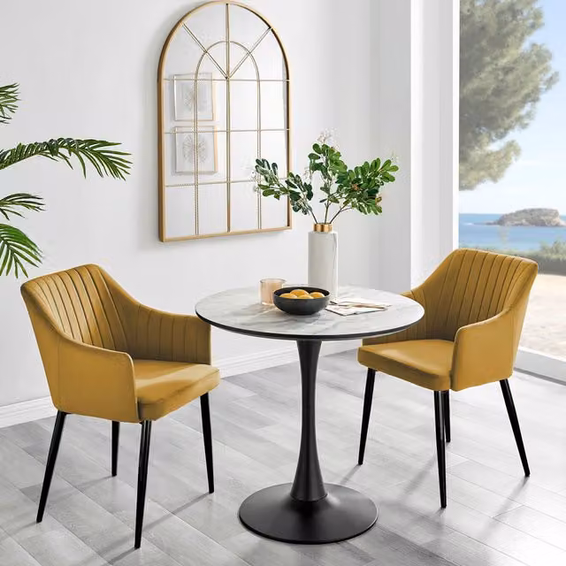 FurnitureboxUK Elina White Marble Effect Round Dining Table and 2 Calla Mustard Chairs with Black Legs