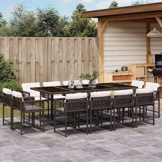 Berkfield Home 13 Piece Brown Poly Rattan Garden Dining Set with Cushions and Glass Top