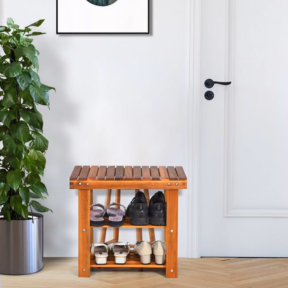 Costway 3-Tier Acacia Wood Shoe Rack Bench in Brown, W/D/H: 50 x 28 x 45 cm – 4