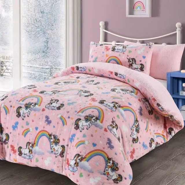 Homes-Linen Pink Unicorn Teddy Fleece Duvet Cover Set for Kids, Double, 140 x 200 cm