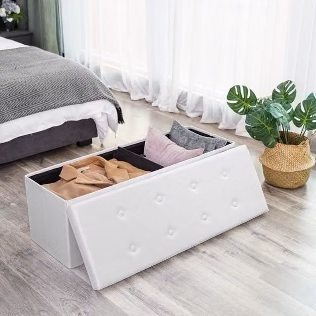 SONGMICS Large Foldable Storage Ottoman Foot Rest Cube Heavy Duty Bench in White