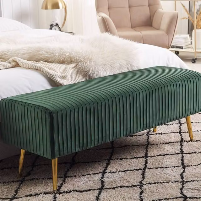 Wyld and Coco Green Velvet Bench with Gold Metal Legs W: 118 cm, D: 40 cm