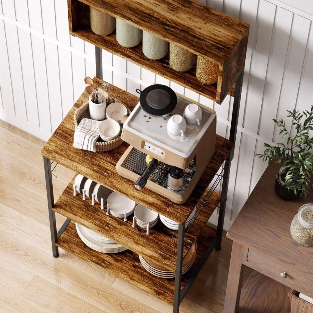 Wyld Haus Rustic Brown Industrial Bakers Rack with Adjustable Shelves and Power Outlets, W/D/H: 42 x 42 x 153 cm – 7