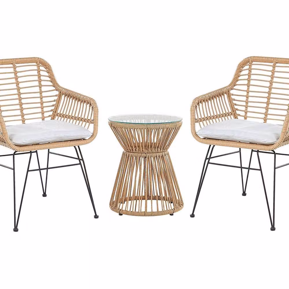Wyld and Coco 2 Seater Bistro Set with Natural Faux PE Rattan, Glass Table and Grey Cushions – 2