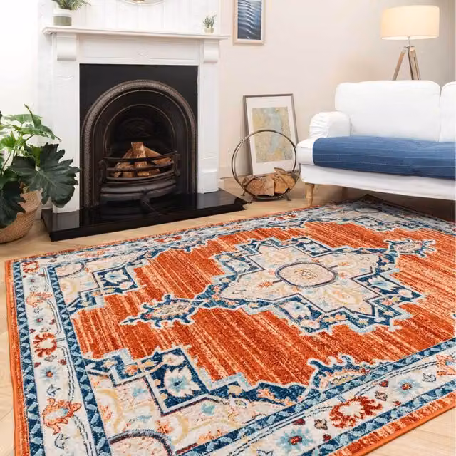 The Rug House Traditional Medallion Oriental Low Pile Soft Living Area Rug, W/D: 110 x 60 cm, Terracotta