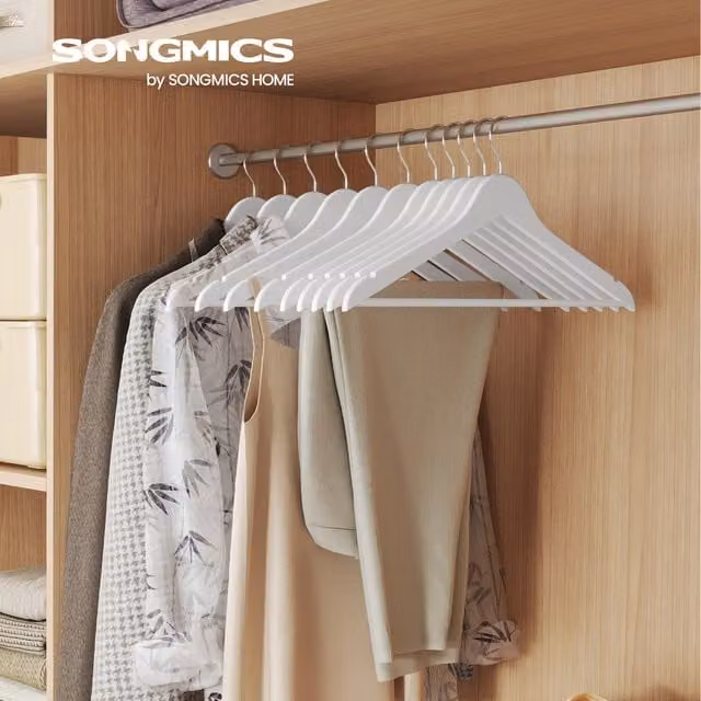 SONGMICS White Wooden Coat and Trouser Hangers with Pants Bar, Pack of 20