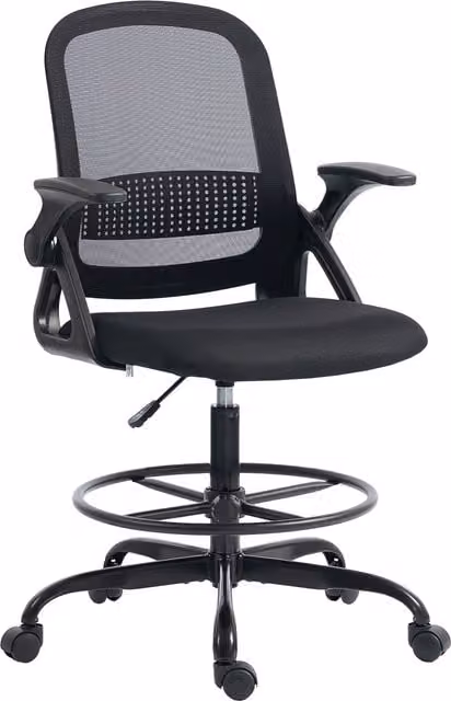 HOMCOM Black Modern Drafting Chair with Flip-up Armrests, Mesh and Fabric Construction