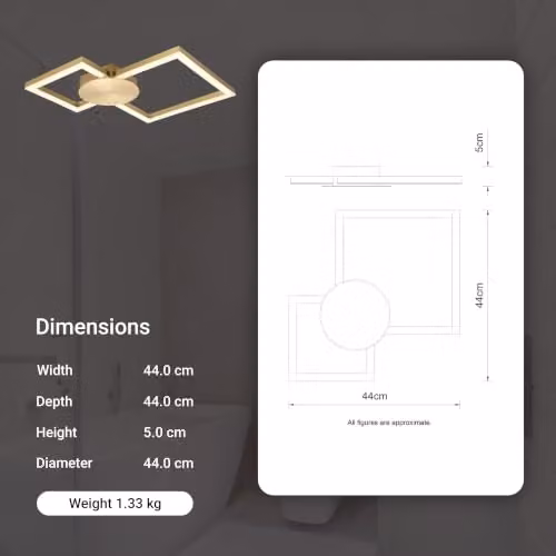 Cosylyte Miles Modern Square LED Flush Mount Ceiling Light, Brushed Brass, IP44, 3000K Neutral White, 2800lm, W: 44 cm, D: 44 cm, H: 5 cm – 2