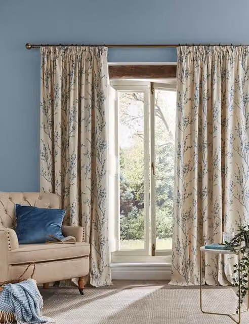 Laura Ashley Pure Cotton Pussy Willow Floral Pencil Pleat Curtains, Blue Mix, H: 229 cm, W: 183 cm