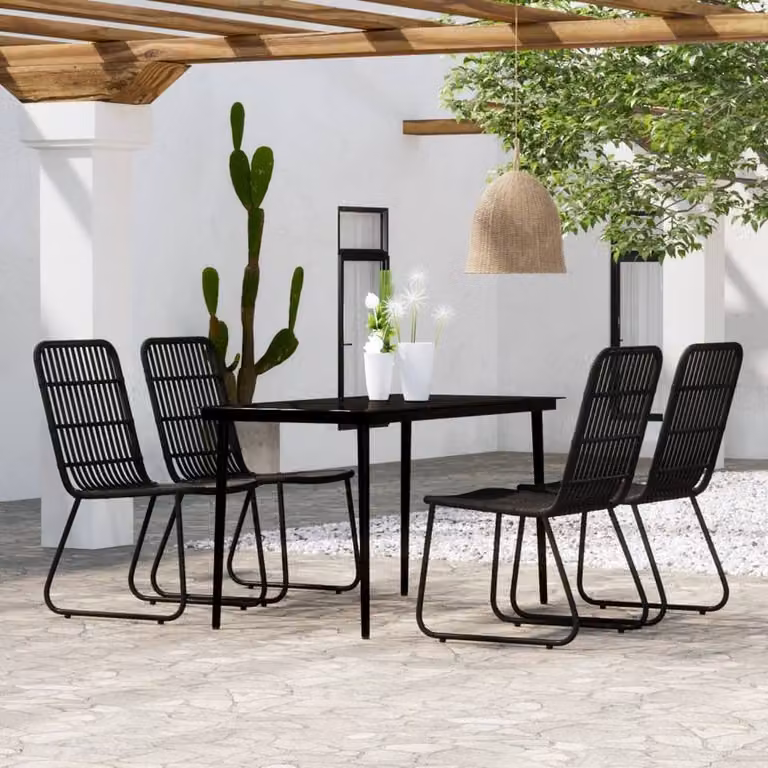 Berkfield Home 5 Piece Black Garden Dining Set with Glass and Rattan Details