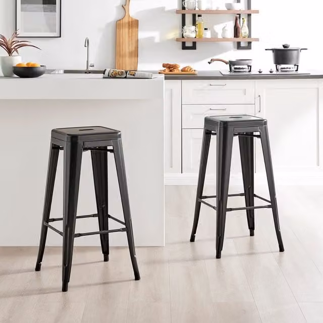 FurnitureboxUK Set of 2 Colton Tolix Style Industrial Metal Stackable Kitchen Bar Stools in Black