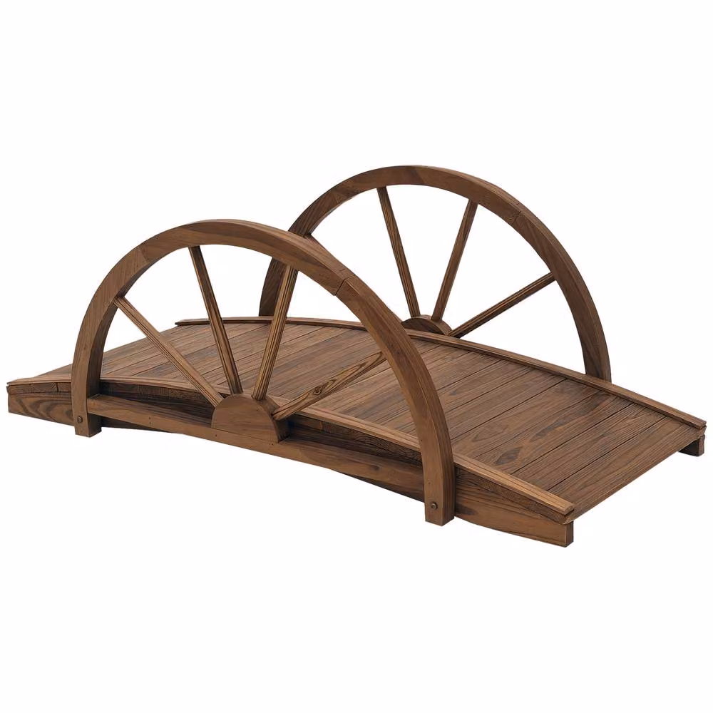OUTSUNNY Wooden Garden Bridge Arc Walkway with Half Wheeled Railings in Tan/Brown – 2