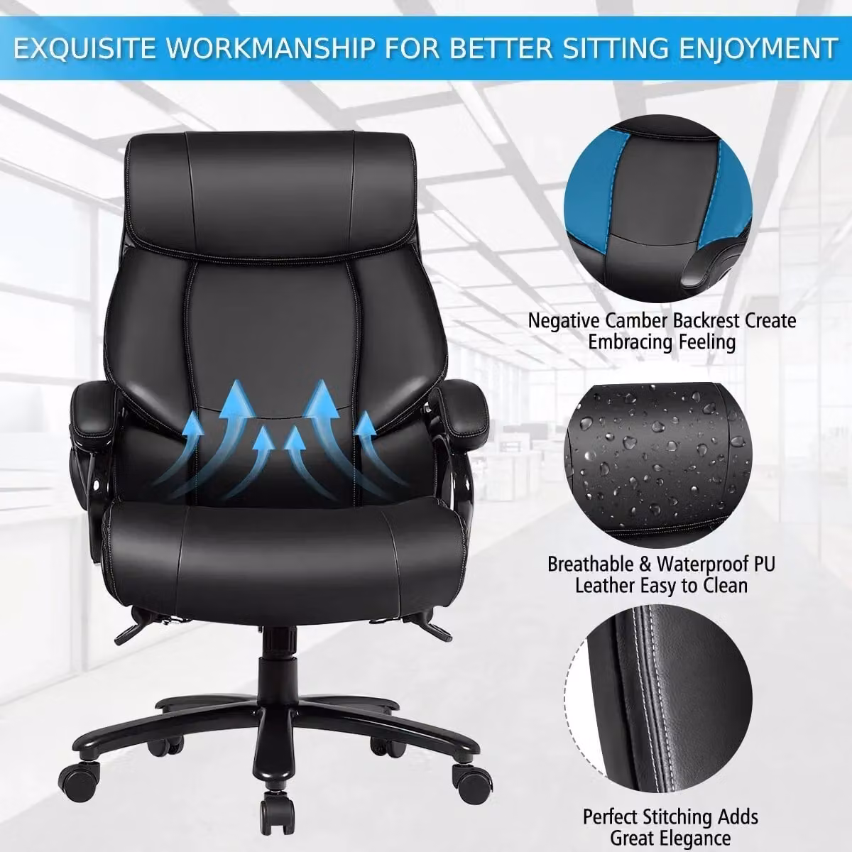 Costway Big and Tall Ergonomic Executive Office Chair in Black with Headrest and Swivel Function – 4