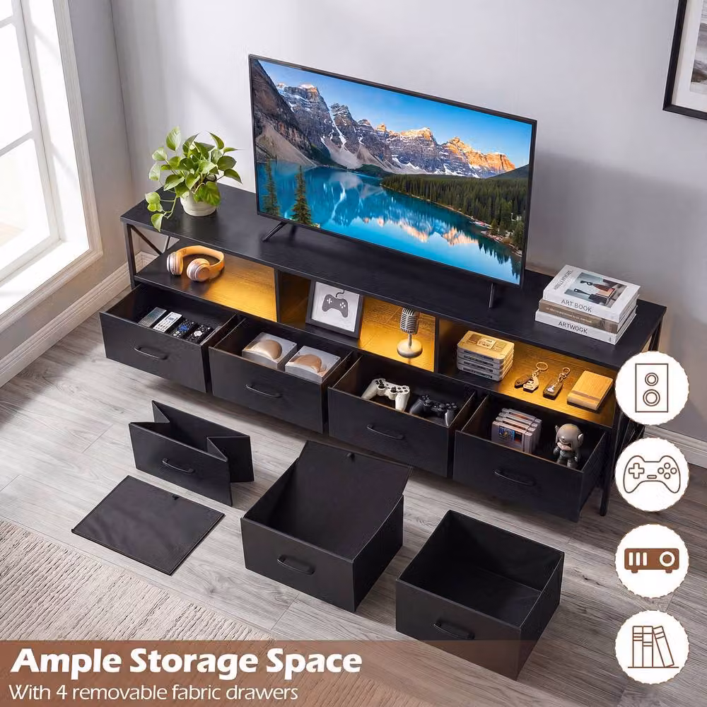 Gymax LED Entertainment Center for TVs up to 80 inch, Extra Long Industrial TV Unit with 4 Drawers, Black – 3