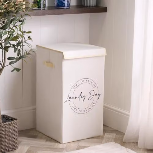 OHS Collapsible Large Tall Laundry Basket with Lid and Handles, Beige, H 66 x W 35 x D 1 cm