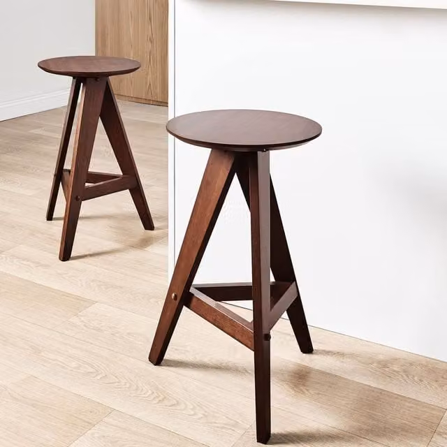 Wyld and Coco Set of 2 Brown Retro Rubberwood Dining Stools – 1