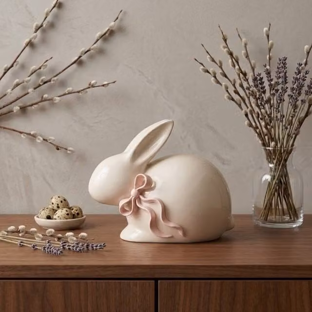 Garden Greatness Pink Bow Bunny Easter Ceramic Tabletop Ornament in White and Pink