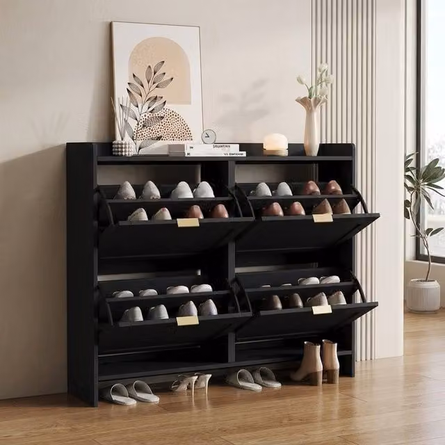 STILVORA Modern Black Matt Shoe Cabinet with Tilting Compartments and Internal Shelves, Width: 110 cm