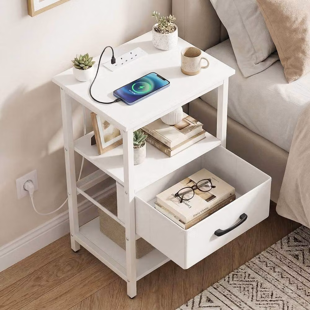 Costway Modern White Side Table with Drawer and Shelves – 3