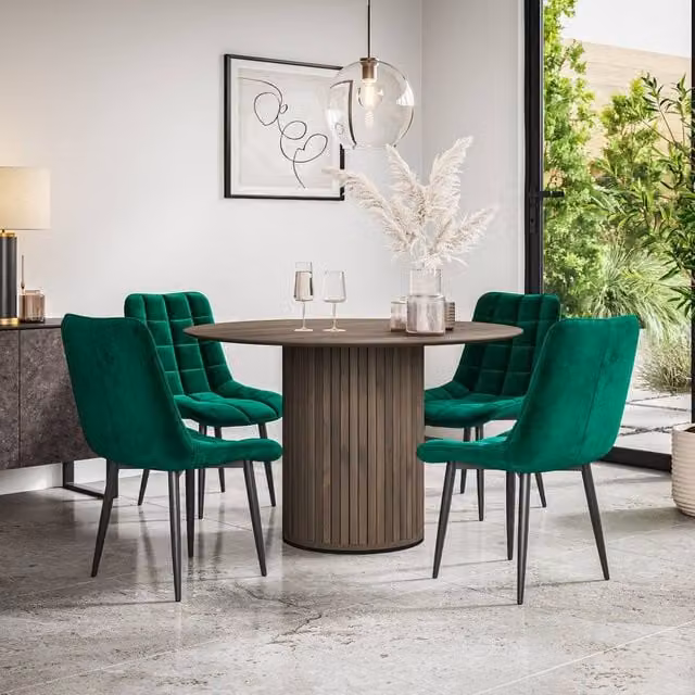 More4Homes Arlo Walnut Round Dining Table and 4 Green Nova Velvet Dining Chairs Set – 1