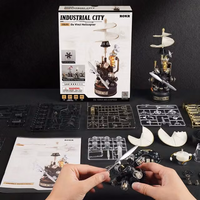 ROKR Da Vinci Helicopter Mechanical Wood Puzzle Kit in Brown