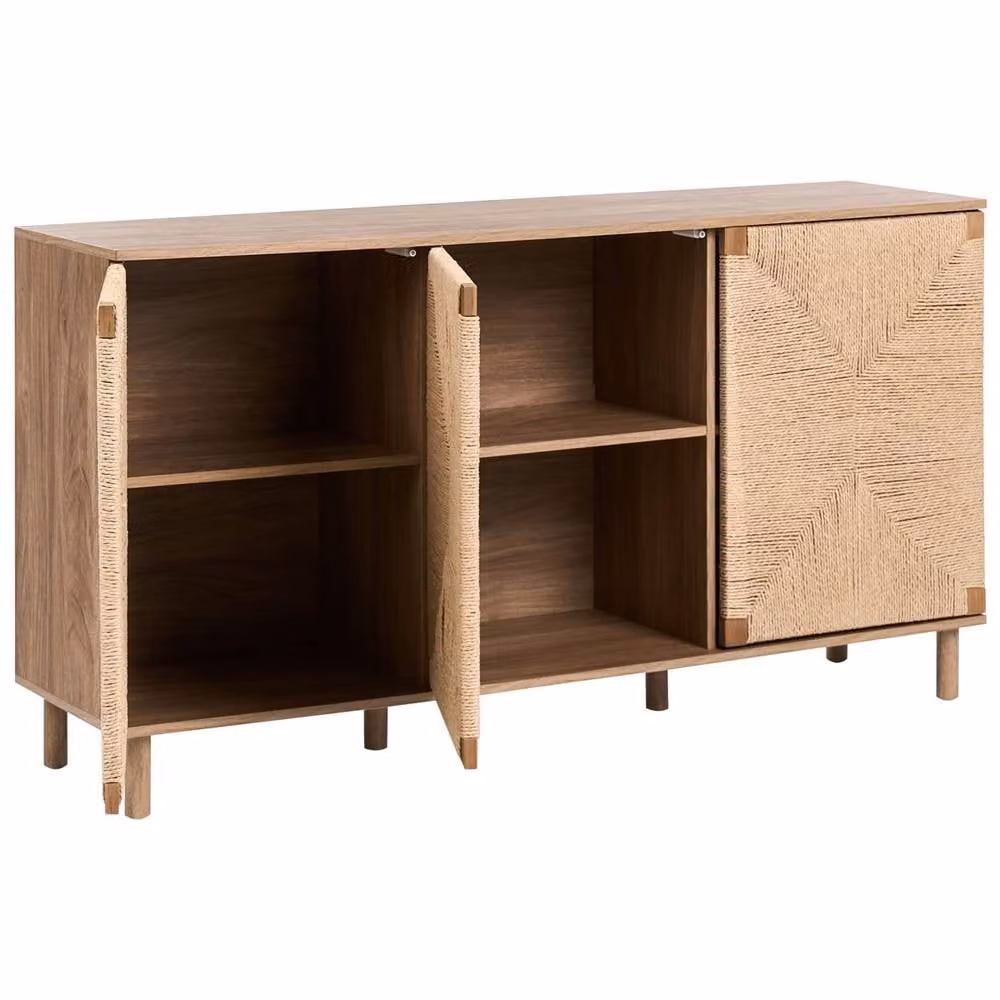 Wyld Haus 3 Door Brown Boho Sideboard with Rattan and Pine Legs – 3