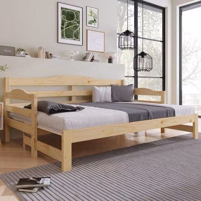Merax Natural Wooden 3 FT Single Daybed Sofa Bed with Pull Out Trundle, Brown, W/D/H: 90 x 190 x 73 cm