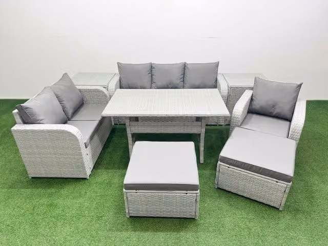 Fimous Patio 8 Seater Grey PE Wicker Rattan Outdoor Furniture Set with Rectangular Dining Table, Reclining Chairs, Loveseat and 3 Seater Sofa