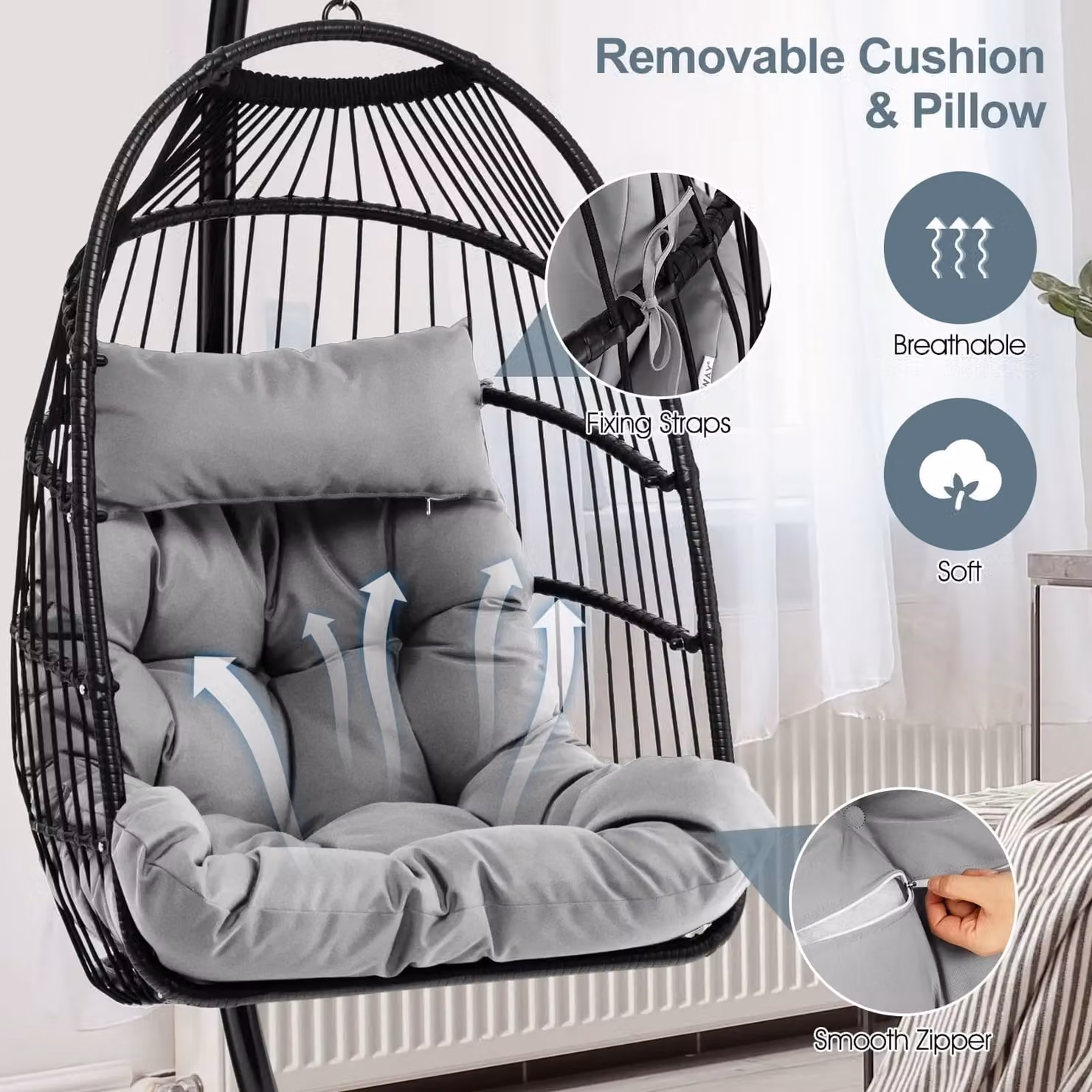 Costway Grey Hanging Egg Swing Chair with Stand, Cushions and Dust Cover – 4