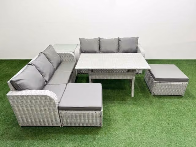 Fimous 8 Seater Grey Wicker Rattan Garden Furniture Set with Rectangular Dining Table, High Back Lounge Sofa and 2 Large Footstools