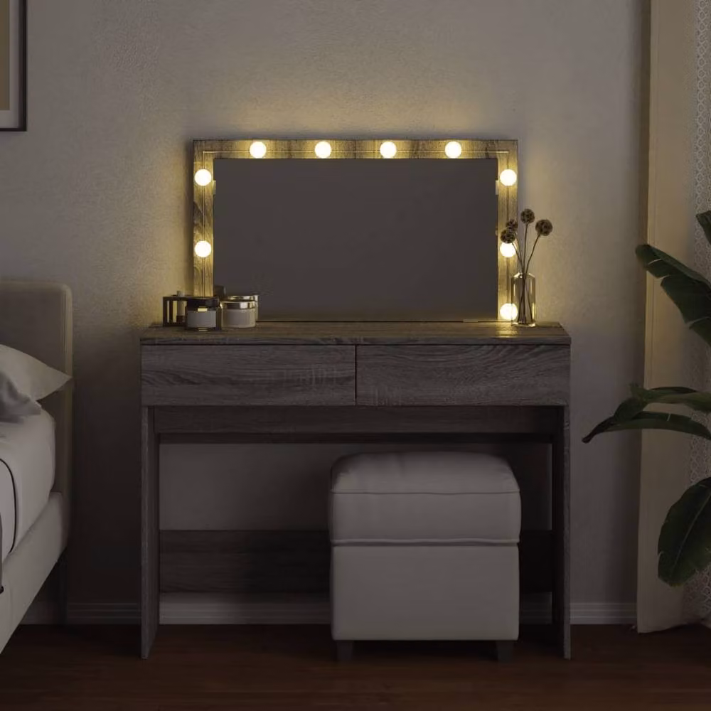 Berkfield Home Modern Grey Sonoma Dressing Table with LED Hollywood Mirror W/D/H: 100 x 40 x 120 cm – 3