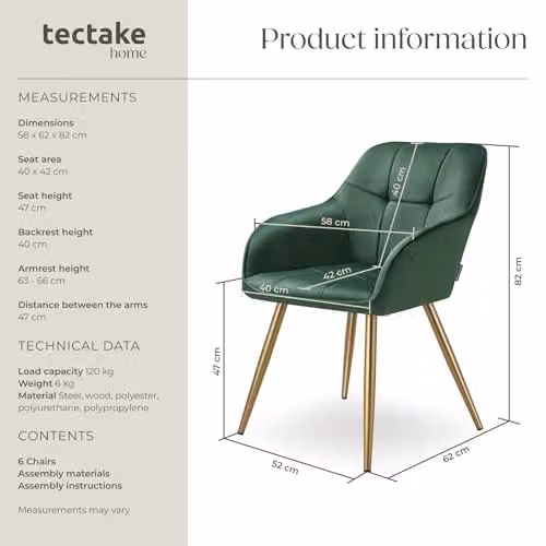 tectake Marilyn Set of 6 Dining Chairs with Velvet Fabric and Gold Metal Legs in Dark Green/Gold – 3