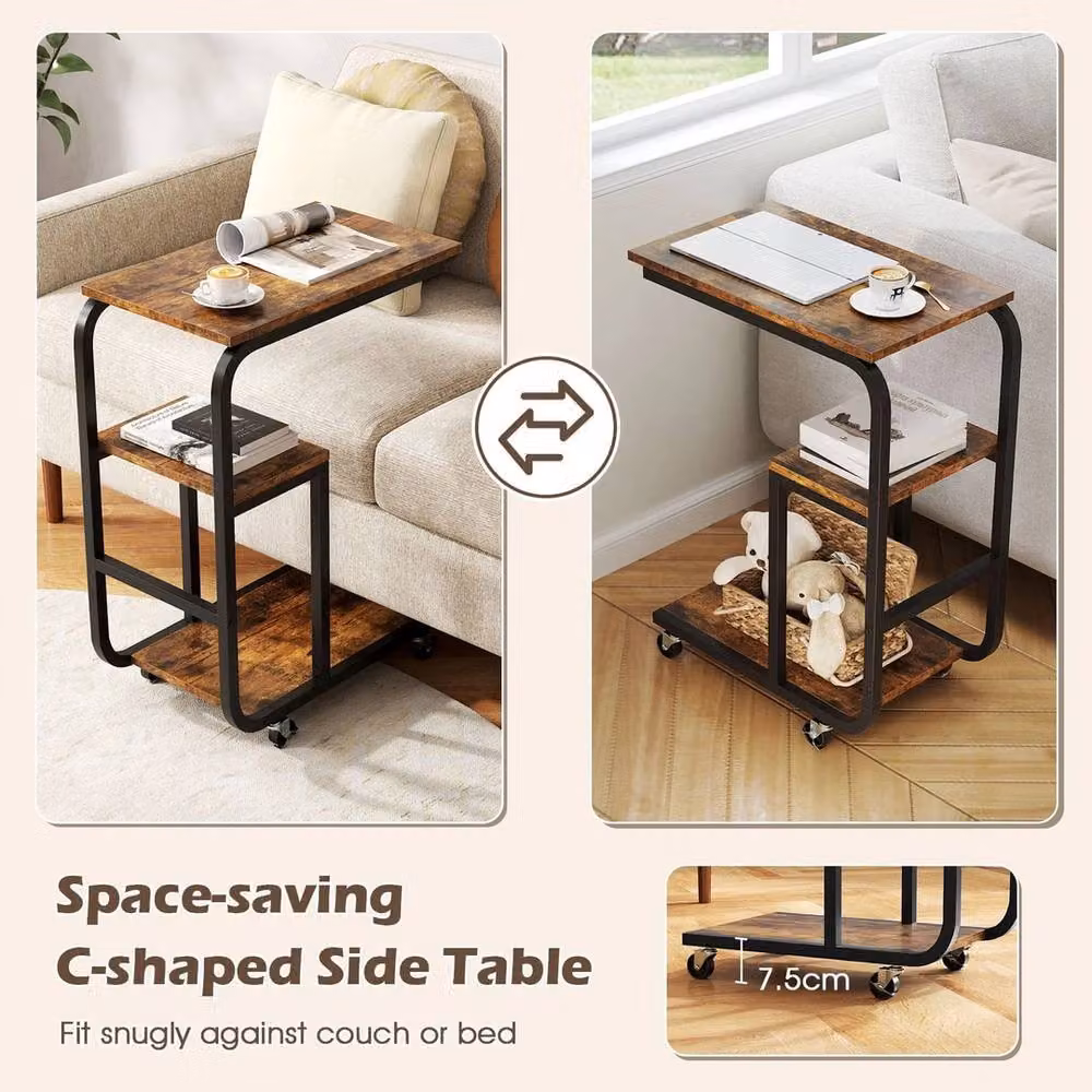 VOGREX 2-Pack Brown C-Shaped Metal Side Tables with Shelves and Castors – 5
