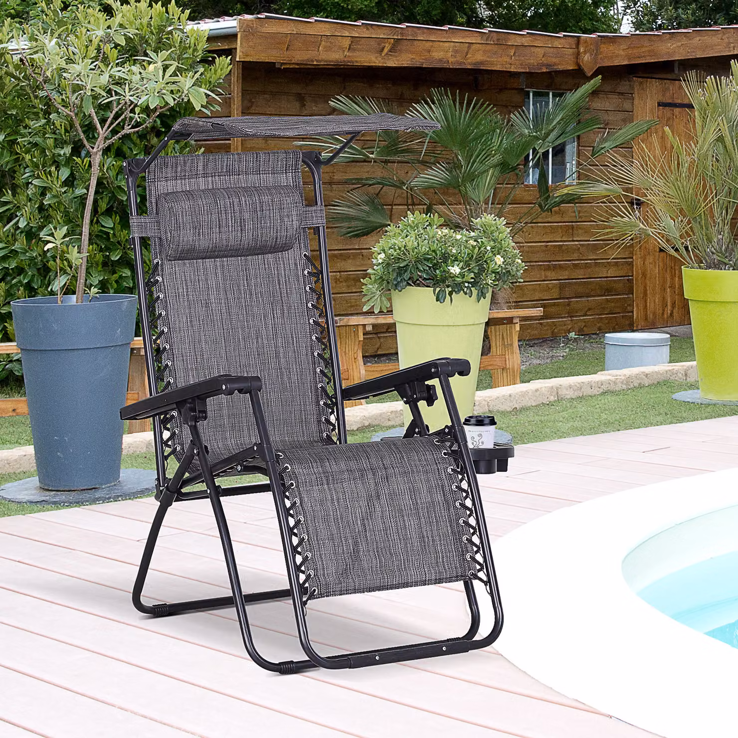 Outsunny Zero Gravity Folding Deck Chair in Grey with Sunshade, Cup Holder and Adjustable Headrest – 2