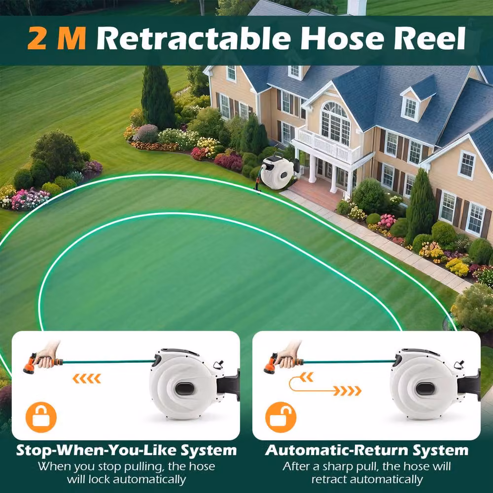 Gymax White Wall-Mounted Retractable Hose Reel with Auto-Rewind, 1/2 Inch, 20m + 2m – 6