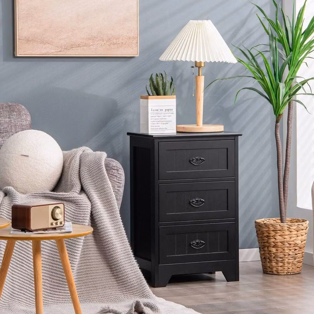 VOGREX Black Vintage Lacquered Wood 3-Drawer Bedside Table – 4