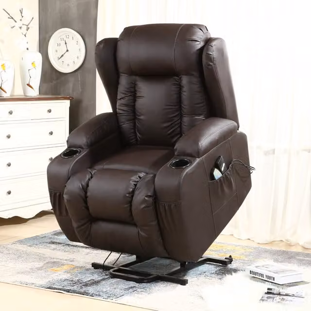 More4Homes Caesar Single Motor Rise Recliner Bonded Leather Heat and Massage Chair in Brown – 1