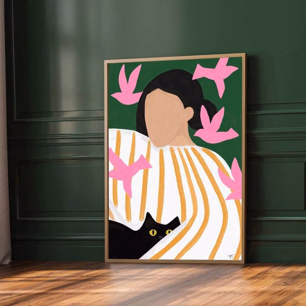 The Paper Tail Pink Birds and Black Cat Art Print, Multicolour, A5 – 4