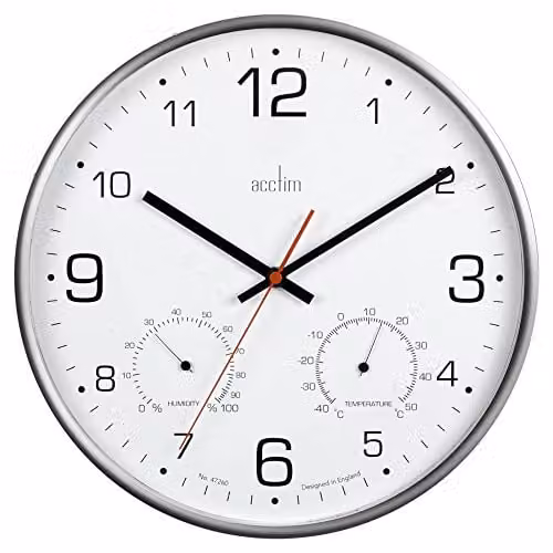 Acctim Komfort Silent Analog Wall Clock with Thermometer and Hygrometer in Metallic Silver