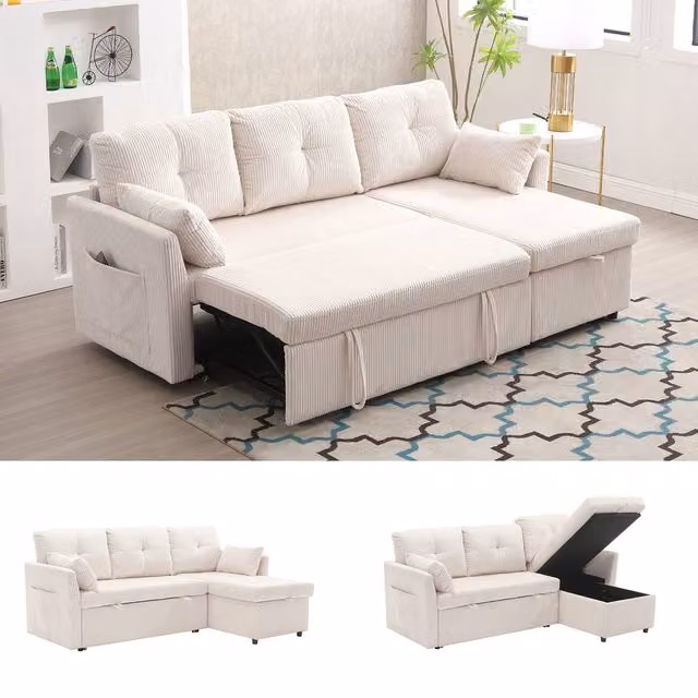 Matteo Beige Corduroy L-Shape Sectional Sofa Bed with Storage Chaise and Reversible Pull-Out Frame, 150 x 200 cm