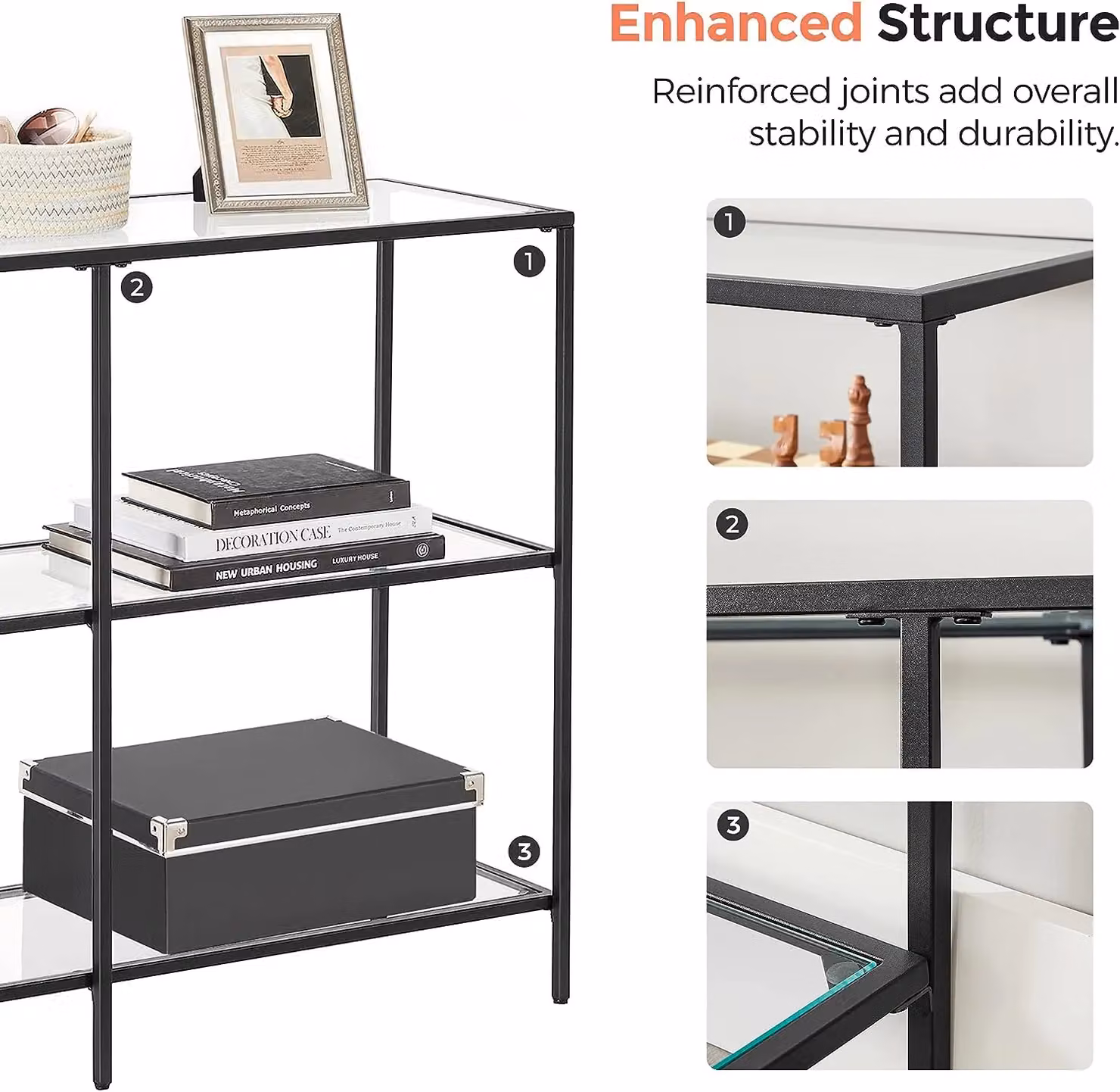 VASAGLE Modern Rectangular Console Coffee Table with 3 Transparent Glass Shelves and Black Steel Frame – 7